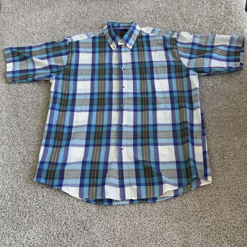 Vintage Wentworth Shirt Mens Medium Blue Plaid Short Sleeve Button Up Casual